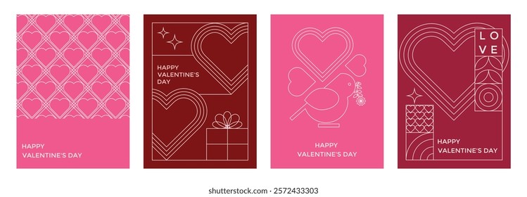 Set Happy Valentine's Day geometric minimalist cards in line style. Modern pattern with Valentines day line icons. Love and hearts. For greeting card, invitation, poster, cover, social media, banners