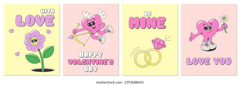 Set of Happy Valentine's Day greeting cards, posters or backgrounds in funky groovy style. Cartoon romantic 60s, 70s vector illustrations with lovely hearts, flowers, rings and text.