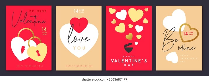 Set of Happy Valentines Day greeting cards, covers or posters with love hearts in modern style. Valentine background. Flat design. Vector illustration