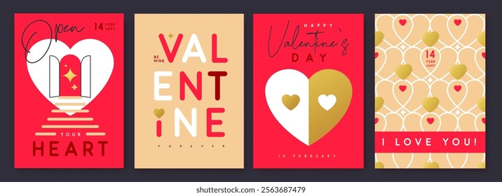 Set of Happy Valentines Day greeting cards, covers or posters with love hearts in modern style. Valentine background. Flat design. Vector illustration