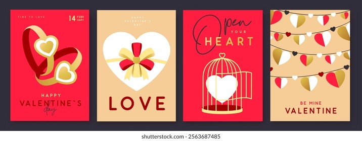 Set of Happy Valentines Day greeting cards, covers or posters with love hearts in modern style. Valentine background. Flat design. Vector illustration