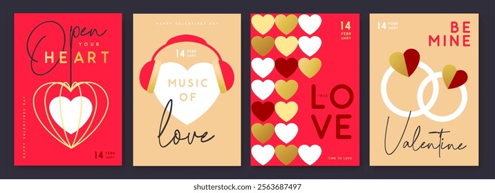 Set of Happy Valentines Day greeting cards, covers or posters with love hearts in modern style. Valentine background. Flat design. Vector illustration