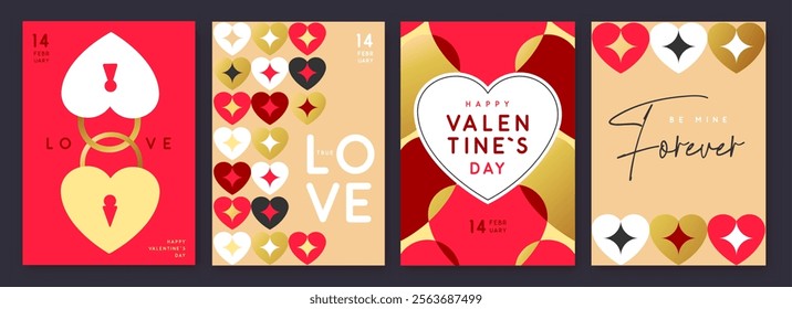 Set of Happy Valentines Day greeting cards, covers or posters with love hearts in modern style. Valentine background. Flat design. Vector illustration