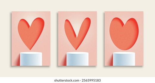 Set of Happy Valentine's Day greeting card. Trendy minimalist design with white Podium and 3D paper heart shape background. Paper art Vector Illustration. Template for poster, banner, holiday cover.