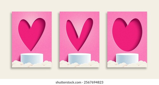 Set of Happy Valentine's Day greeting card. Trendy minimalist design with white Podium, clouds and 3D paper heart shape background. Paper art Vector Illustration.