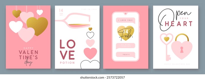 Set of Happy Valentines Day greeting cards, covers or posters with love hearts in modern style. Valentine background. Flat design. Vector illustration