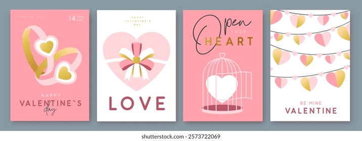 Set of Happy Valentines Day greeting cards, covers or posters with love hearts in modern style. Valentine background. Flat design. Vector illustration