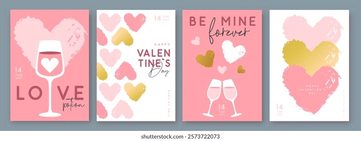 Set of Happy Valentines Day greeting cards, covers or posters with love hearts in modern style. Valentine background. Flat design. Vector illustration