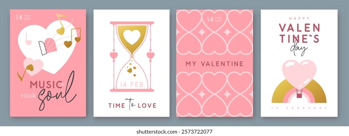 Set of Happy Valentines Day greeting cards, covers or posters with love hearts in modern style. Valentine background. Flat design. Vector illustration