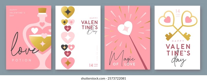 Set of Happy Valentines Day greeting cards, covers or posters with love hearts in modern style. Valentine background. Flat design. Vector illustration