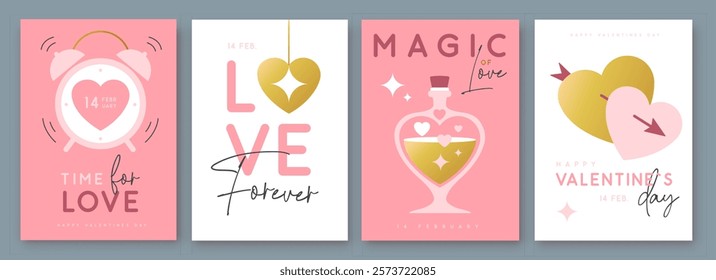 Set of Happy Valentines Day greeting cards, covers or posters with love hearts in modern style. Valentine background. Flat design. Vector illustration