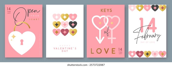 Set of Happy Valentines Day greeting cards, covers or posters with love hearts in modern style. Valentine background. Flat design. Vector illustration