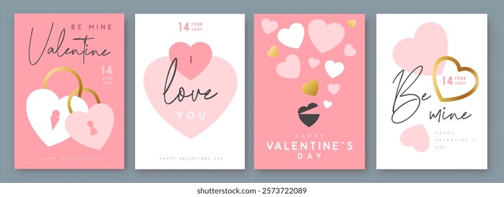 Set of Happy Valentines Day greeting cards, covers or posters with love hearts in modern style. Valentine background. Flat design. Vector illustration