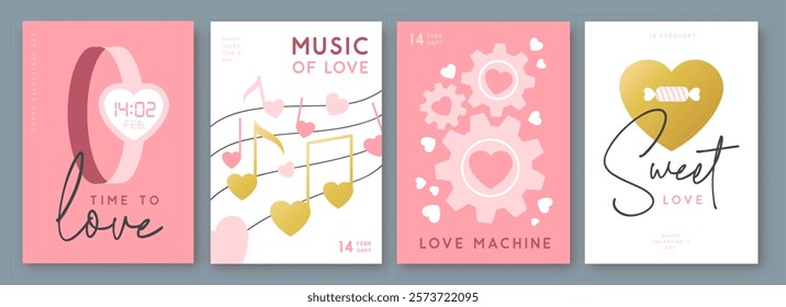 Set of Happy Valentines Day greeting cards, covers or posters with love hearts in modern style. Valentine background. Flat design. Vector illustration