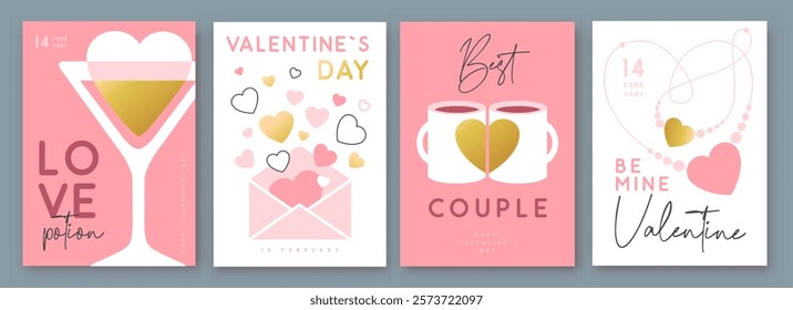 Set of Happy Valentines Day greeting cards, covers or posters with love hearts in modern style. Valentine background. Flat design. Vector illustration