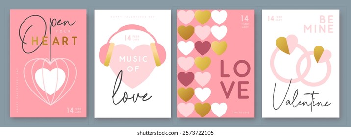 Set of Happy Valentines Day greeting cards, covers or posters with love hearts in modern style. Valentine background. Flat design. Vector illustration