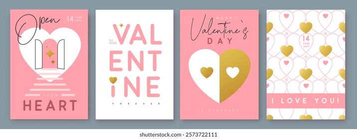 Set of Happy Valentines Day greeting cards, covers or posters with love hearts in modern style. Valentine background. Flat design. Vector illustration