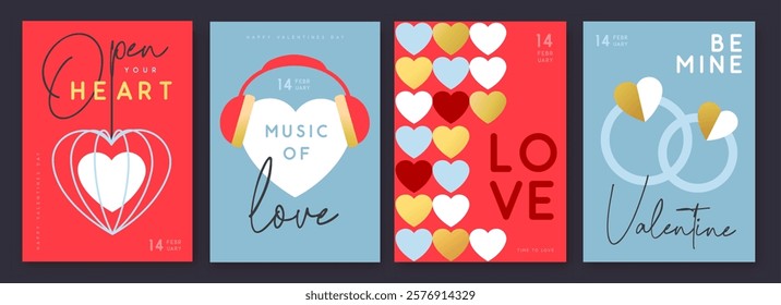 Set of Happy Valentines Day greeting cards, covers or posters with love hearts in modern style. Valentine background. Flat design. Vector illustration