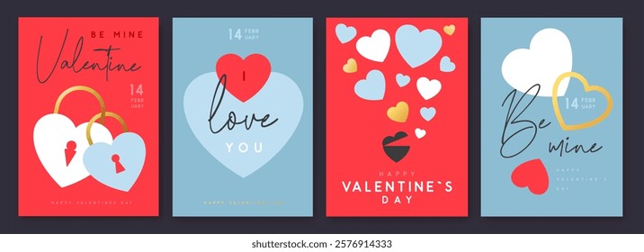 Set of Happy Valentines Day greeting cards, covers or posters with love hearts in modern style. Valentine background. Flat design. Vector illustration