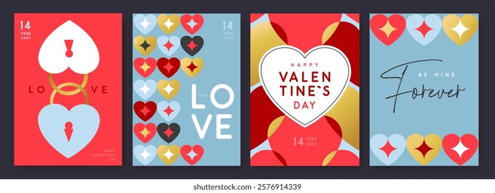 Set of Happy Valentines Day greeting cards, covers or posters with love hearts in modern style. Valentine background. Flat design. Vector illustration