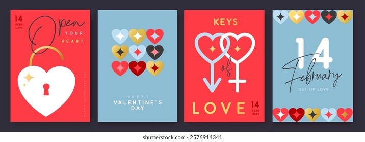 Set of Happy Valentines Day greeting cards, covers or posters with love hearts in modern style. Valentine background. Flat design. Vector illustration