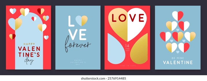 Set of Happy Valentines Day greeting cards, covers or posters with love hearts in modern style. Valentine background. Flat design. Vector illustration