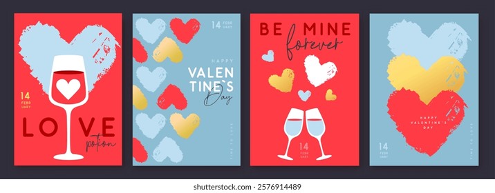 Set of Happy Valentines Day greeting cards, covers or posters with love hearts in modern style. Valentine background. Flat design. Vector illustration