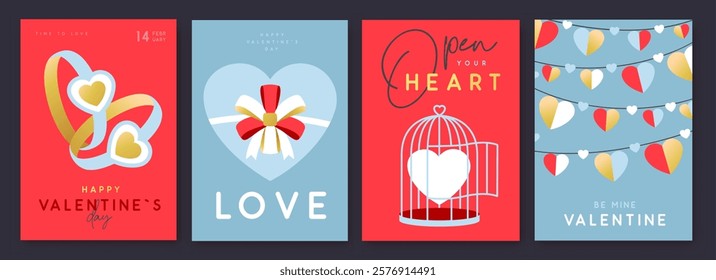 Set of Happy Valentines Day greeting cards, covers or posters with love hearts in modern style. Valentine background. Flat design. Vector illustration