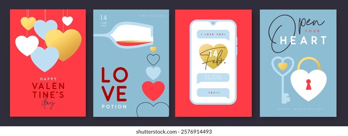 Set of Happy Valentines Day greeting cards, covers or posters with love hearts in modern style. Valentine background. Flat design. Vector illustration