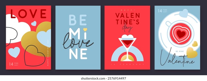 Set of Happy Valentines Day greeting cards, covers or posters with love hearts in modern style. Valentine background. Flat design. Vector illustration