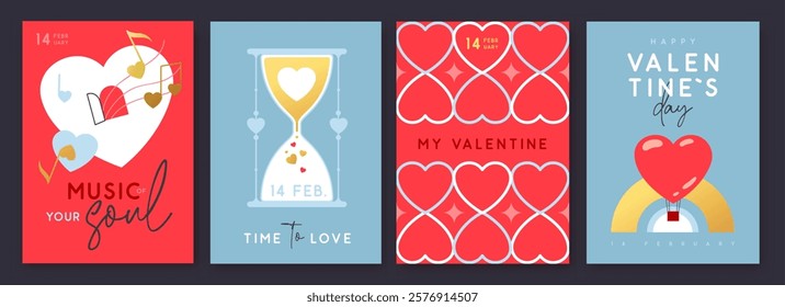 Set of Happy Valentines Day greeting cards, covers or posters with love hearts in modern style. Valentine background. Flat design. Vector illustration