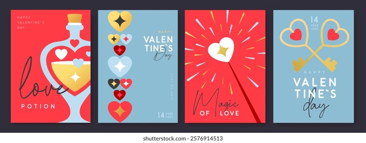 Set of Happy Valentines Day greeting cards, covers or posters with love hearts in modern style. Valentine background. Flat design. Vector illustration