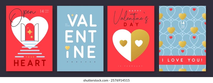 Set of Happy Valentines Day greeting cards, covers or posters with love hearts in modern style. Valentine background. Flat design. Vector illustration