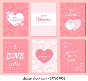 Set of Happy Valentine's Day greeting and invitation cards. Hearts, inscription in the middle. Festive romantic cute love background. Poster design. Vector illustration.