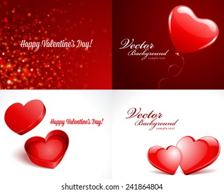 Set Happy Valentine's Day greetings cards vector background design. Valentine's day wishes, hearts, love symbols, bokeh light and gifts.