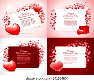 Set Happy Valentine's Day greetings cards vector background design. Valentine's day wishes, hearts, love symbols, bokeh light and gifts.