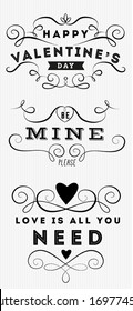 Set Of Happy Valentine's Day Hand Lettering - Vintage Typographical Design With Ornaments, Hearts And Ribbon