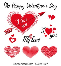 Set Of Happy Valentine's Day Hand Lettering and elements with Decorative Ornaments, Hearts and Arrow