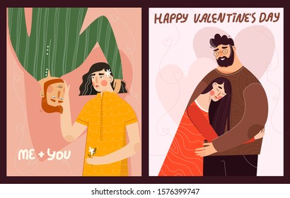 Set of happy Valentine's day illustrations for poster, congratulation card or flyer. Cute romantic couples in love hugging and kissing. Love story, 14 february, relationship, family vector concept.