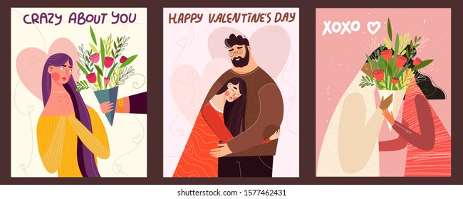 Set of happy Valentine's day illustrations for poster, congratulation card or flyer. Cute romantic couples in love hugging and kissing. Love story, 14 february, relationship, family vector concept.