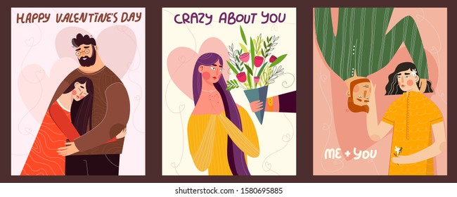 Set of happy Valentine's day illustrations for poster, congratulation card or flyer. Cute romantic couples in love hugging and kissing. Love story, 14 february, relationship, family vector concept. - Shutterstock ID 1580695885