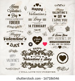 Set Of Happy Valentine's Day Labels, Ornaments, Floral Frames, Vintage Hearts and Flowers for Retro Holiday Design. Engraving Graphic Style. Vector Illustration.