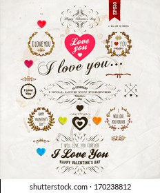 Set of Happy Valentine's Day Labels, Vintage Frames and Flower Patterns. Old Paper Texture Background. Vector Illustration.