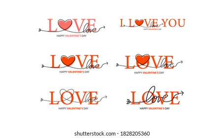 Set of Happy Valentines Day lettering isolated on white background vector illustration. Letters hand drawn composition for gift, postcard, print, banner, web. Greeting romantic design.