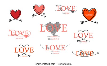 Set of Happy Valentines Day lettering isolated on white background vector illustration. Letters hand drawn composition for gift, postcard, print, banner, web. Greeting romantic design.