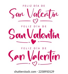 Set of Happy Valentine's Day lettering in Spanish (Feliz día de San Valentín) with heart. Vector illustration