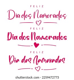 Set of Happy Valentine's Day lettering in Portuguese with heart. Vector illustration. Isolated on white background