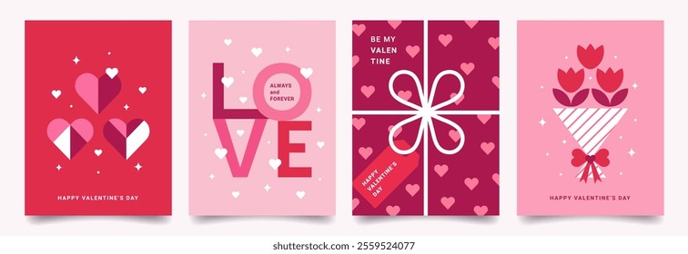 Set of Happy Valentine's Day minimalist trendy cards. Modern flat design with geometric pattern of simple icons, hearts, flowers. Vector template for banner, poster, holiday cover.