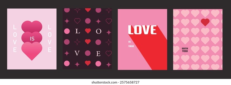 Set of Happy Valentine's Day minimalist trendy cards. Modern flat design with geometric pattern of simple icons, hearts, flowers. Vector template for banner, poster, holiday cover.