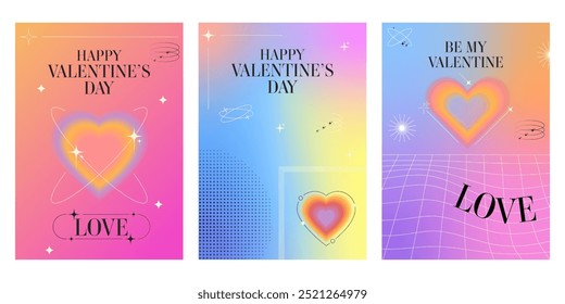 Set of happy Valentine's Day postcard templates. Blurred hearts in trendy retro y2k style for flyer, ads, invitation, promo, banner